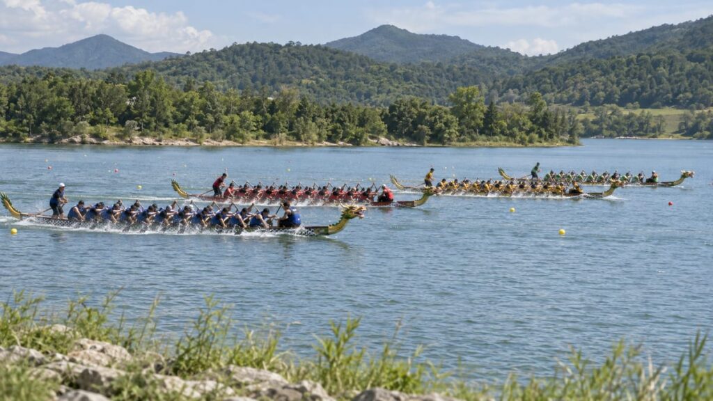 Гонки на драконьих лодках в Бан-Чанге: экипажи с вёслами на воде у центра гребли в провинции Районг