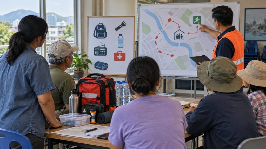 Учения в Хатъяе: иллюстрация подготовки к паводку — участники обсуждают предупреждения и план эвакуации