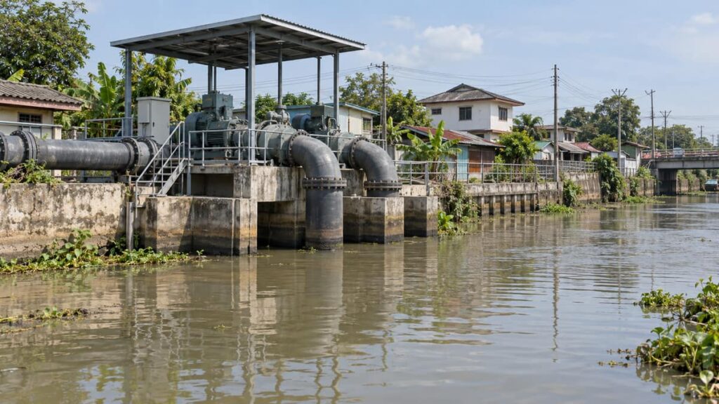 Откачка загрязнённой воды в Кхлонг Луанг: иллюстрация насоса у канала для отвода поверхностной воды