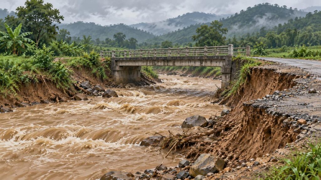 Внезапный паводок: в Мэхонгсоне (Mae Hong Son) смыло здание 9 Внезапный паводок в Мэхонгсоне: иллюстрация размытых берегов ручья и повреждённого подхода к мосту