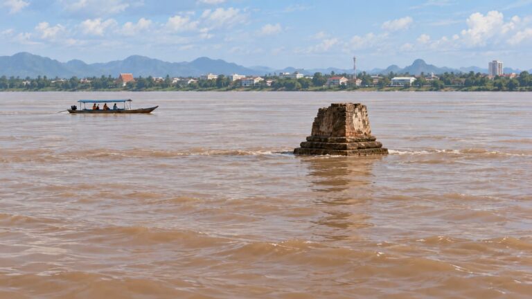 Ступа в Меконге: видна Пхра Тхат Кланг Нам (Phra That Klang Nam)