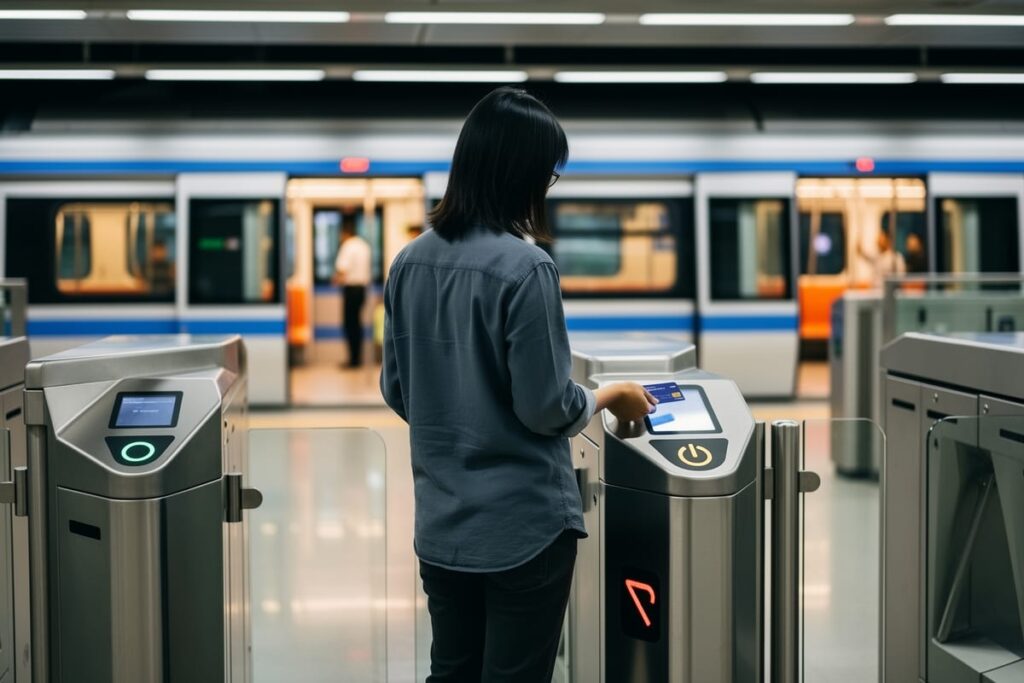 Бесконтактная оплата в метро Бангкока — пассажир прикладывает банковскую карту к турникету MRT