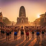 Церемония Вай Кру Муай Тай в Аюттхае — бойцы выполняют ритуал перед руинами Ват Махатхат