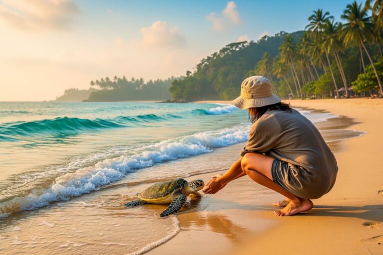 Выпуск черепах Пхукет — маленькая черепашка на песке Mai Khao Beach перед морем