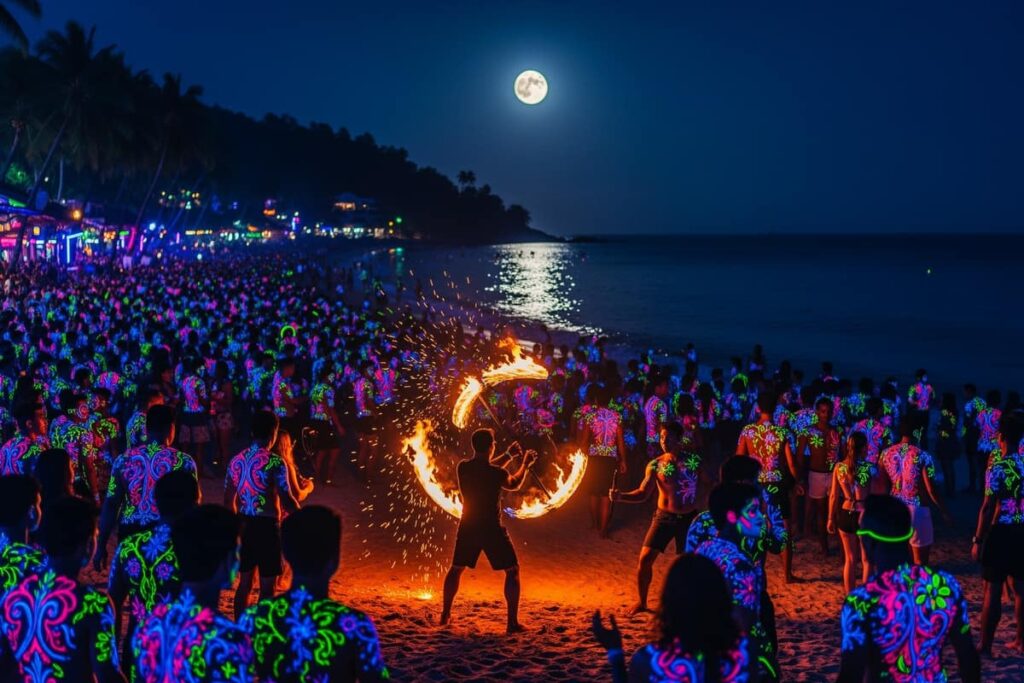 Full Moon Party Панган — ночной пляж Хад Рин с неоновой толпой и файер-шоу под полной луной