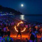 Full Moon Party Панган — ночной пляж Хад Рин с неоновой толпой и файер-шоу под полной луной
