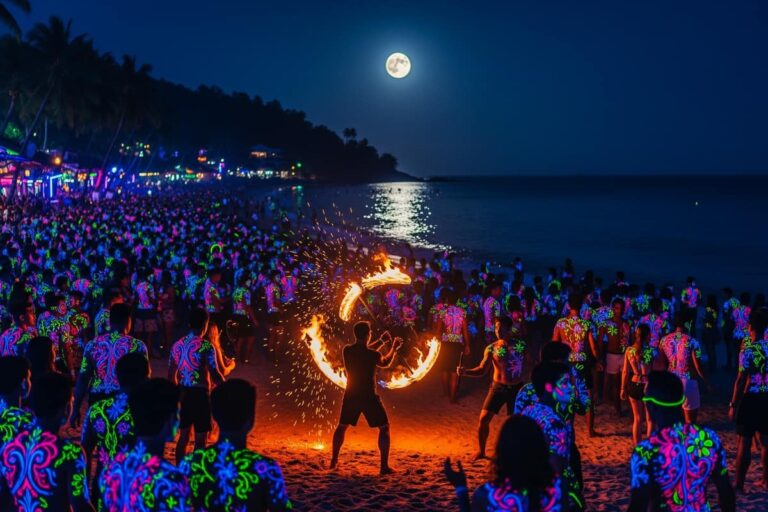 Full Moon Party Панган — ночной пляж Хад Рин с неоновой толпой и файер-шоу под полной луной