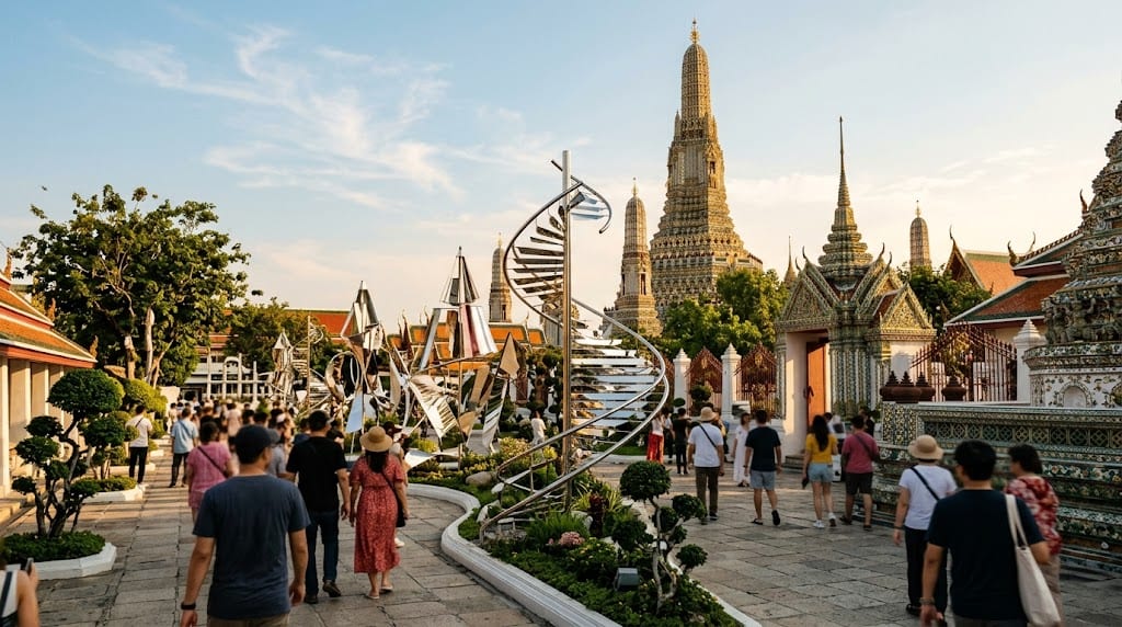 Bangkok Art Biennale 2026 в Бангкоке: современная инсталляция во дворе храма у золотой ступы