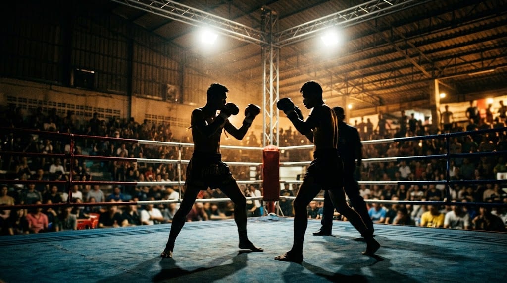 ONE Championship The Inner Circle Бангкок: освещённый ринг муай-тай и силуэты бойцов на стадионе Люмпини