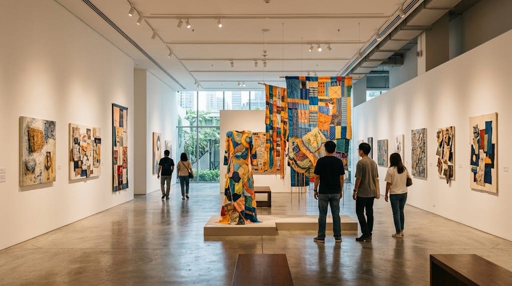Выставка Queer Art Thailand Patch the World: арт-инсталляции из ткани в зале галереи Бангкока
