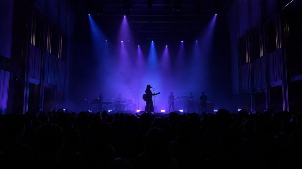 Mitski концерт в Бангкоке — силуэт певицы на сцене современного зала UOB LIVE, живой бэнд и атмосферный фиолетовый свет