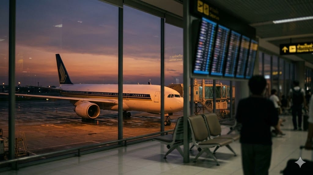 Thai AirAsia сокращает рейсы: пассажирский самолёт у выхода на посадку в аэропорту Таиланда, июнь 2026