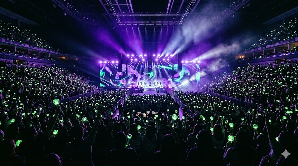 Концерт JAY B в Бангкоке — сцена k-pop шоу на арене, свет прожекторов и фанаты с лайтстиками