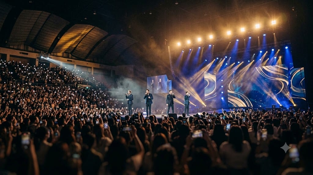 Концерт Westlife в Бангкоке 1 Концерт Westlife в Бангкоке на IMPACT Arena: сцена юбилейного поп-шоу и зрители в Муанг Тонг Тани