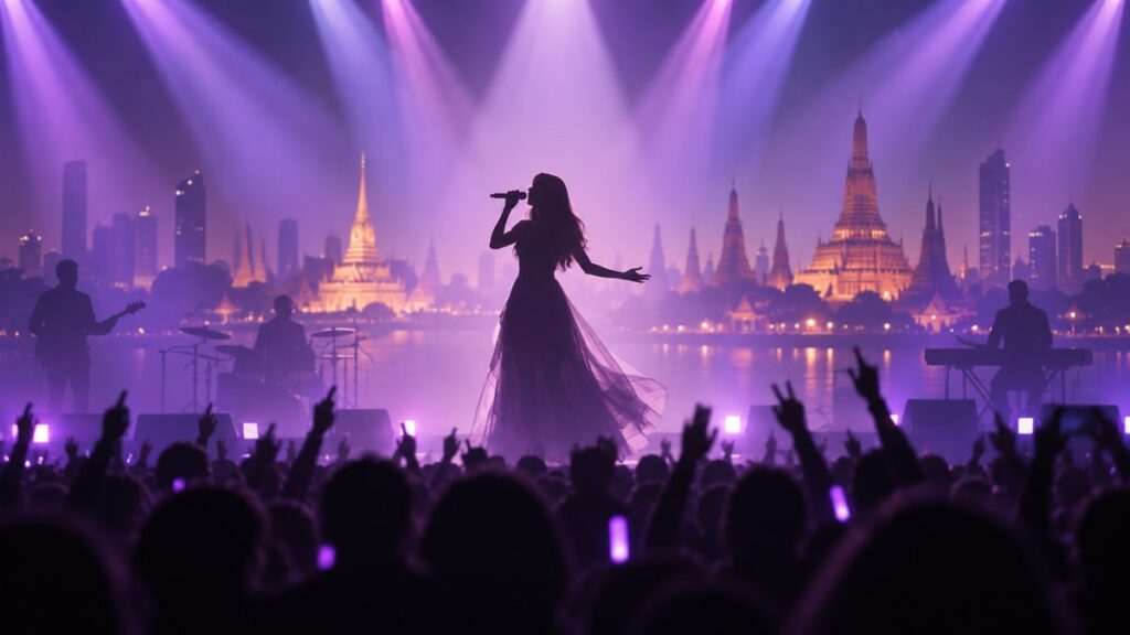 Иллюстрация к концерту (OH MY FOURTH CONCERT): певец на сцене, силуэты зрителей и фиолетовый свет.
