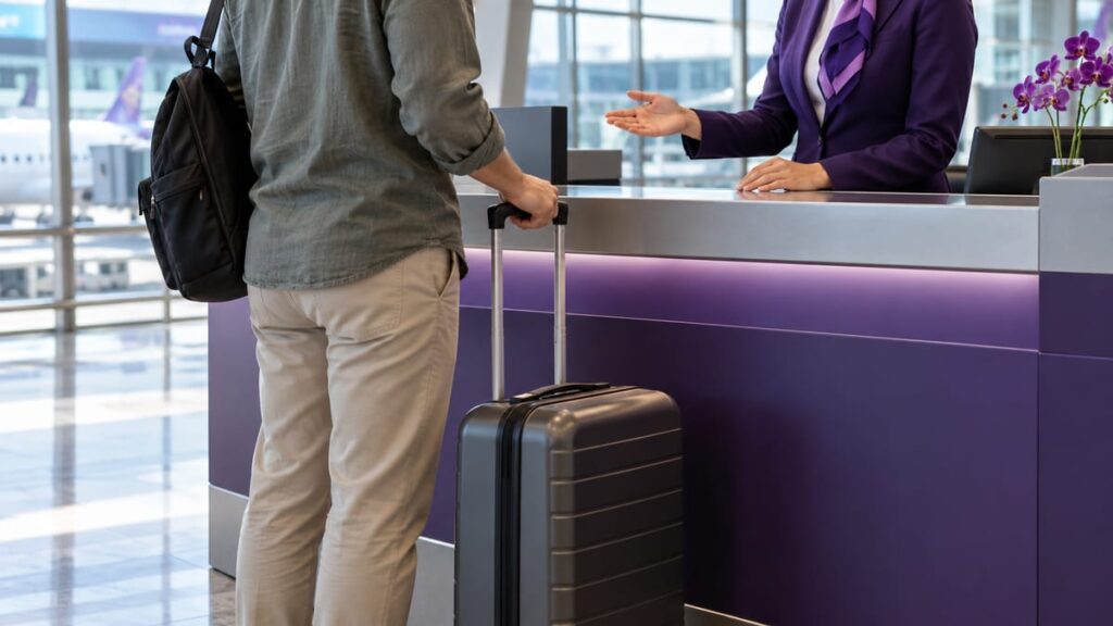 Компенсации пассажирам: Тай Эйрвейз (Thai Airways) в 2026 году 10 Компенсации пассажирам Тай Эйрвейз: путешественник с чемоданом у стойки обслуживания в аэропорту